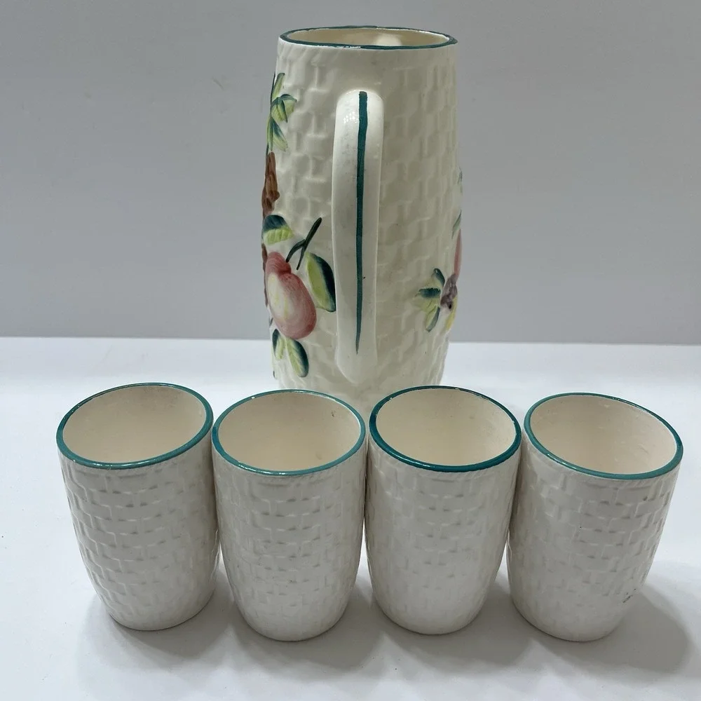 Vintage Hand-Painted Ceramic Picture Basket Weave Tropical Fruit 5 Tumblers